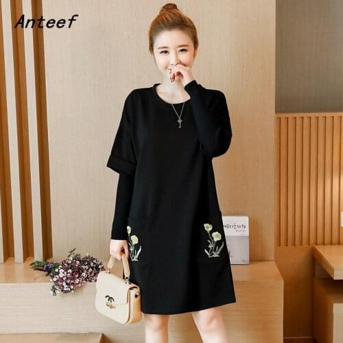 Long sleeve black cotton vintage floral dresses for women casual loose mini short spring autumn dress elegant clothes 2021