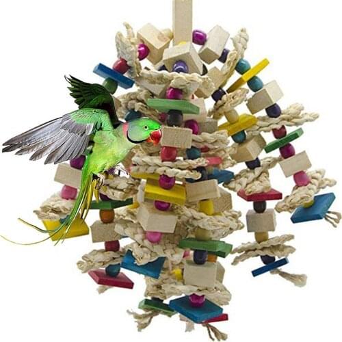 Parrot Pet Bird Wood Blocks Beads Bells Swing Chewing Pastoral Style Design Toy pendant Cage Hanging Detachable Branch Decor