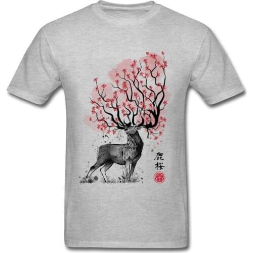 Sakura Deer Tee Shirt Men Tshirt Grey T-shirt Casual Top Shirts Cotton Fabric Spring Summer Clothes Art Design Woman Shirts