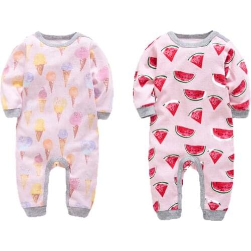 Honeyzone Cotton Infant Newborn Baby Girl Romper 2Pcs Printed Watermelon Ice-cream Jumpsuit Spring Autumn Baby Playsuit Outfits