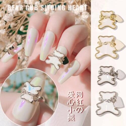 2 PCS Super Cute ins Nail Art Love Pendant Bear Imitation Shell Color Preserving Metal Chain Nail Diamond Ornament