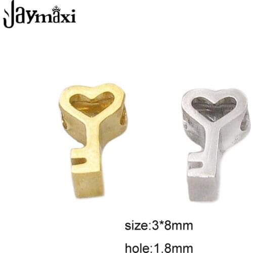 Jaymaxi Mirror Polished Key Charm 1.8mm Small Hole Bead Stainless Steel Hollow Love Heart Beads Jewelry 3*8mm 20piece/lot
