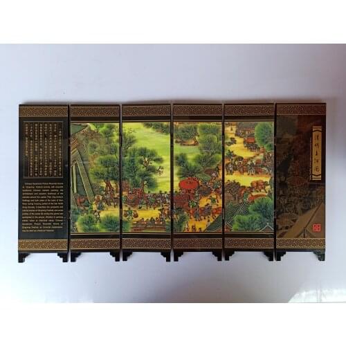 China Collect Exquisite Lacquer PaIntIng Riverside Scene At Qingming Festival Small Folding Screens Handicraft Home Decoration