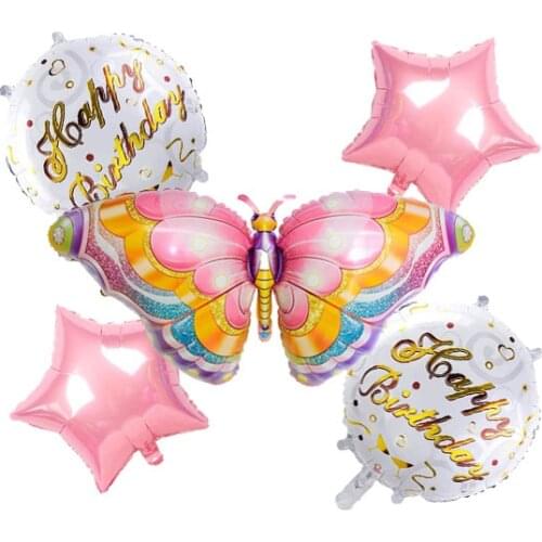 5 Pieces Butterfly Balloon Set, 2 Pieces 18 Inch Star Mylar Balloon 2 Pieces Birthday Foil Round Balloon and for Butterfly Party