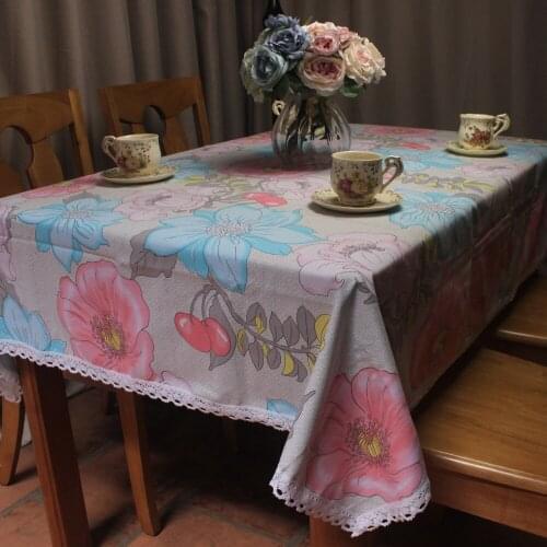 CURCYA Pink Blue Flowers Printed Cotton Table Cover for Dining Tables Decorative Thick Canvas Table Cloth for Restaurant Stores