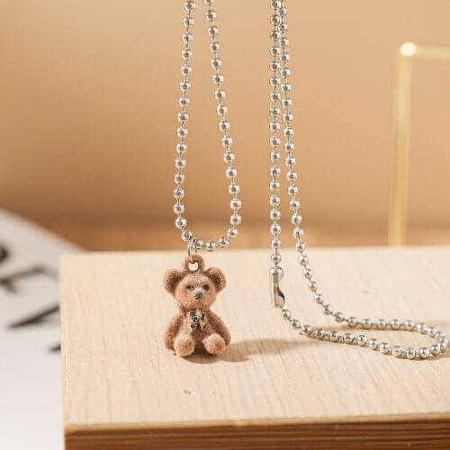 Cute Flocking Bear Pendant Necklaces Women Girls Lovely Bears Animal Charm Pendant Alloy Chain Necklace Jewelry Gift