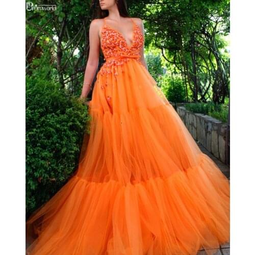 Sexy V-neck Orange Prom Dresses 2020 Handmade 3D Flowers Tulle A-Line Prom Gown Long Party Maxys Evening Dress vestidos de gala