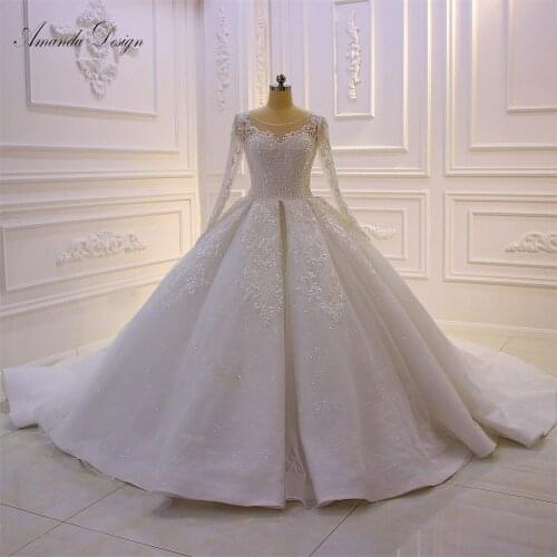 Amanda Design trouwjurk Long Sleeve Lace Appliques Beads Ball Gown Wedding Dress