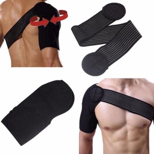 Single Shoulder Support Back Brace Guard Strap Adjustable Breathable Gym Sports Care Wrap Belt Band Pads Black Bandage