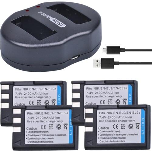 PowerTrust 4Pcs 2400mAh EN-EL9 EN-EL9a EN EL9 EN EL9a battery +Dual USB Charger for Nikon ENEL9 D40 D60 D40X D5000 D3000 Camera