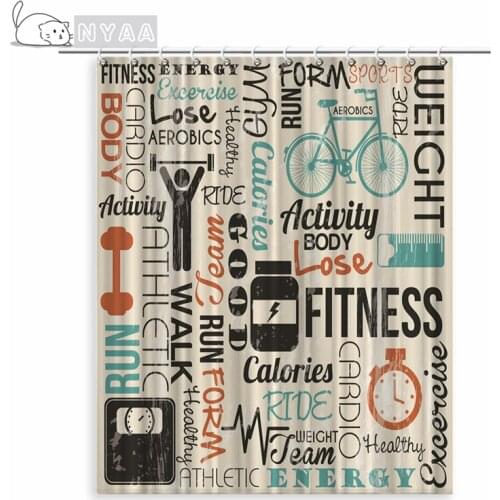Cool Fitness Shower Curtain Retro Words Lifestyle Print For Bathroom Shower Accessory Products For Bath