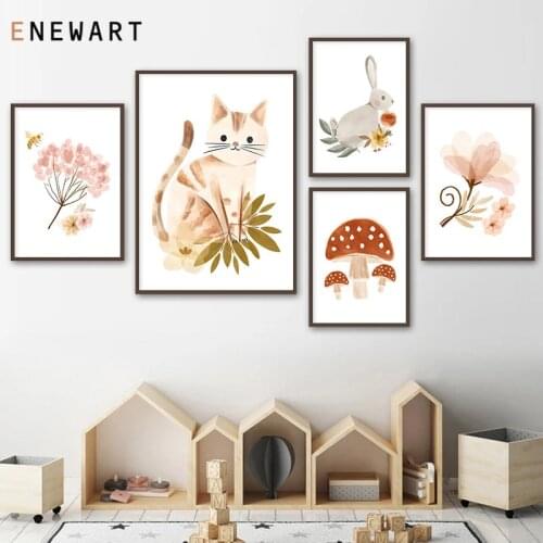 Dropshipping Watercolor Rabbit Bear Wall Art Print Poster for Baby Kids Room Nursery Mushroom Flower Canvas Painting Picture