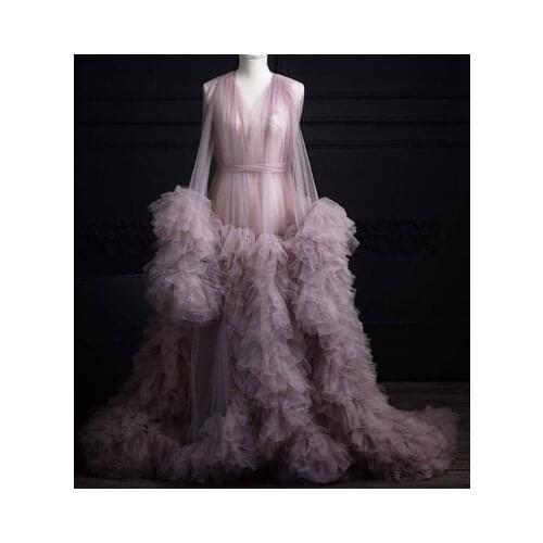 Real Image Dusty Pink Ruffles Tulle Long Prom Gowns Pregnant Dress Puffy A-line Plus Size Long Robe For Maternity Picture Shoot