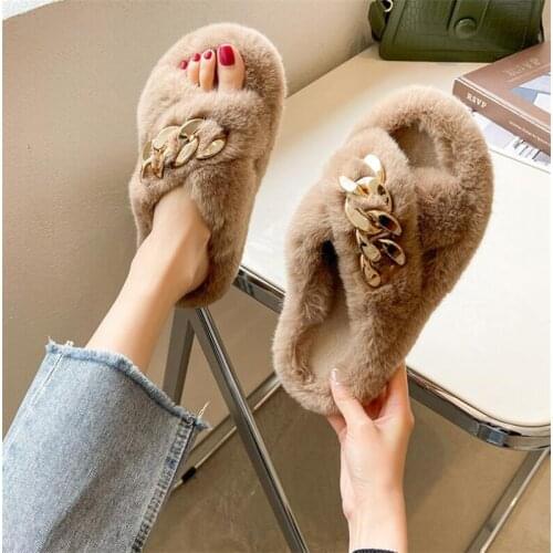 ZMPDXY Women Winter Cross Band Faux Fur Slides Cute Fuzzy Fluffy Slippers Platform Flat Sandals Chain Slippers Plush Flip Flops