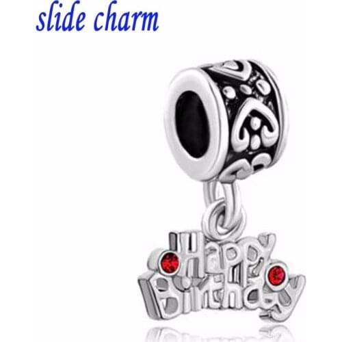 Slide charm Free shipping Happy Birthday genuine pearl pendant for Pandora bracelets charm bracelets and jewelry accessories