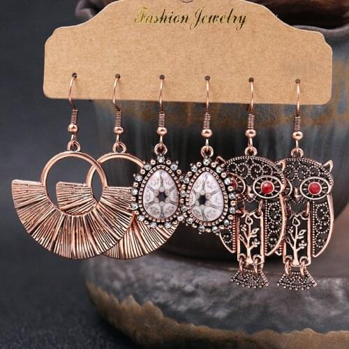 Vintage Earrings Set Womens Boho Rose Gold Semicircle Owl Metal Earrings Shell Leaf Tibetan Jewelry Oorbellen