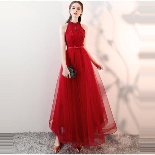 Beauty Emily Prom Gowns Red flowers Lace Halter Neck Sleeveless A-line Floor Length Custom Plus size Long Party Prom Dresses