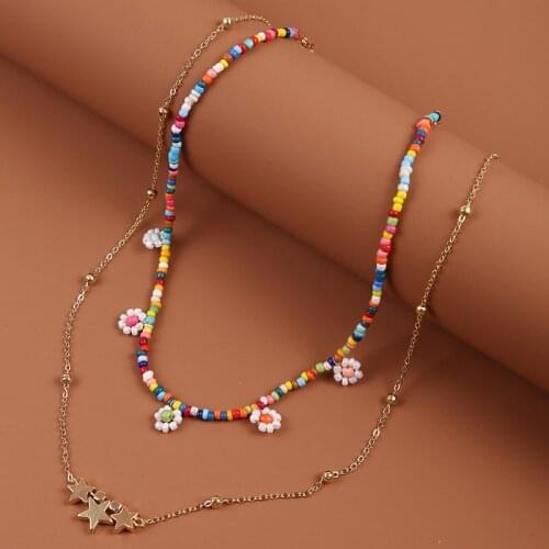 New Fashion Gold Color Star Pendant Necklace for Women Simple Colorful Beads Choker Necklaces Bijoux Femme Ladies Party Necklace
