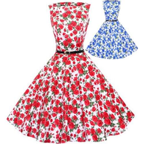 XS-XL Women Retro Vintage Dress Audrey Hepburn 1950 60S O neck Sleeveless Floral Print Dress Ladies Elegant Vestidos Swing Dress