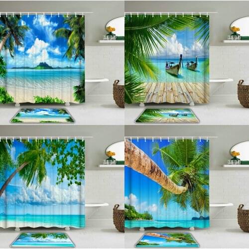 2pcs/set 3d Sea View Beach surf Shower Curtain Set Bathroom Waterproof Polyester cloth + Non-slip Mat Toilet Bathroom Home Decor