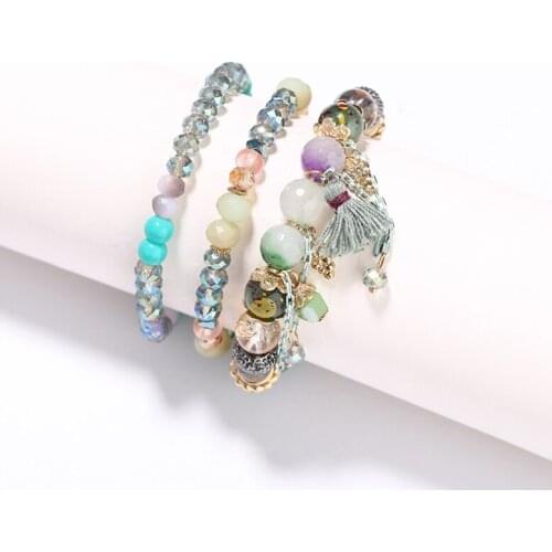 3pcs/set Handcraft Boutique Fashion Multilayer Crystal Stone Beads Strand Bracelets Tassel Bangles Pulseras Womens Boho Mujer