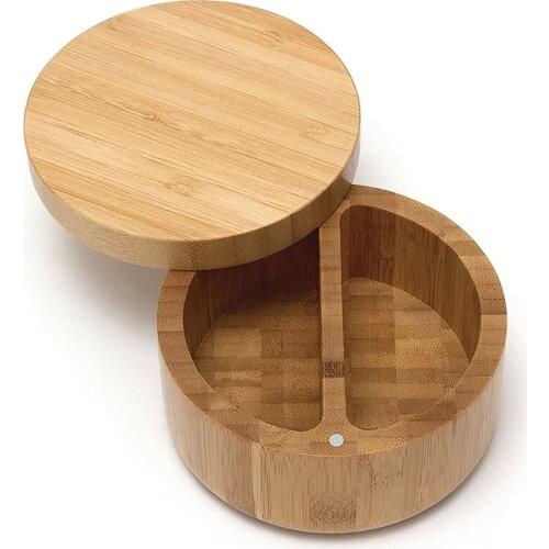 Bamboo Wood Divided Spice Box with Swivel Cover Bamboo Salt and Spice Storage Box Bamboo Salt Keeper