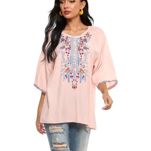 Le Luz Pink Floral Embroidery Blouses Shirt Cotton Boho Spring Mexican Shirt Flare Sleeve Plus Size Front 2xl 3xl Ethnic Shir