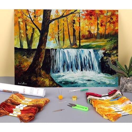 Oil Painting Style Waterfall Pre-Printed 11CT Cross-Stitch Embroidery Complete Kit DMC Threads Needlework Hobby Stamped