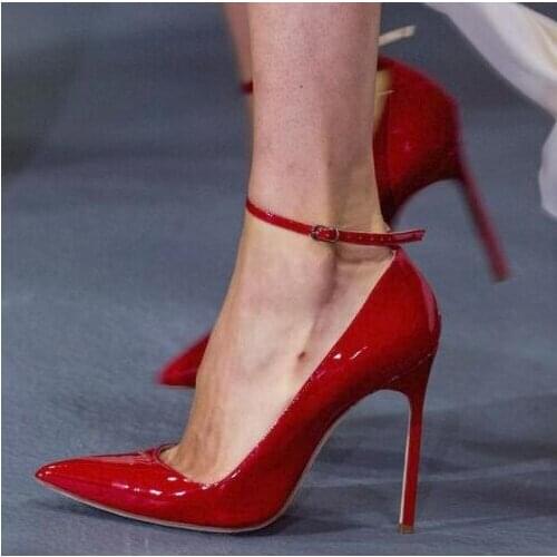 Sexy Red Wedding Shoes Bride Pointed Toe Ankle Strap Patent Leather Pumps Women Shoes Cut-out 2019 Patchwork Banquet Dress Shoes