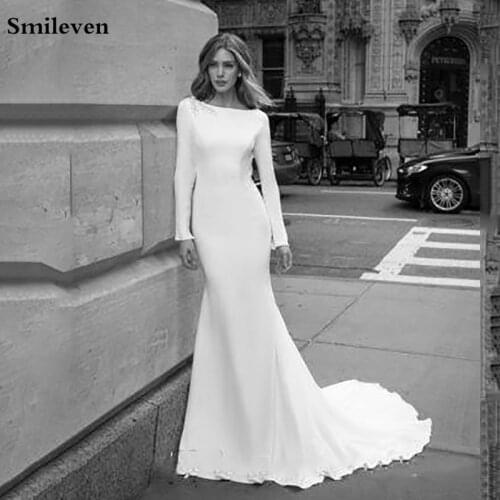 Smileven Boho Mermaid Wedding Dress Long Sleeve Elegant Boho Satin Bride Dress 3d Flowers Vestido De Noiva Wedding Gowns 2020