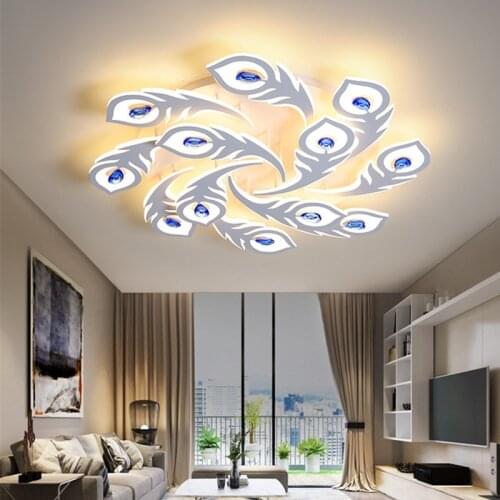 Modern Led Chandelier White&Blue Feather For Villa Kitchen Living/Dining Room Bedroom Luxury Lighting Home Remote Rontrol Lamps