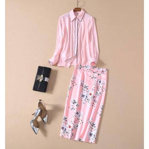 Special price New Womens Pink long Sleeve Shirt+Pink Slim Printed Skirt Skirt Set 200216DBZ02