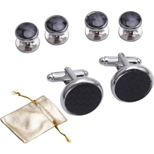 Carbon Fiber Tuxedo Cuff Links Collar Studs Set 6pcs Cufflinks Buttons Set Black Wire Black Mens Jewelry Wholesale 5sets/lot