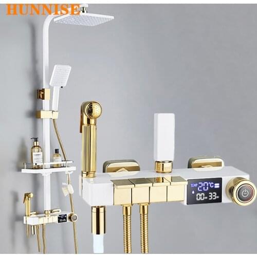 White Gold Piano Bathroom Shower System Quality Brass Bathroom Shower Mixer Faucets Luxury Rainfall Hot Cold Digital Shower Set