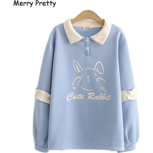 Merry Pretty Womens Cartoon Rabbit Print Cute Hoodies Sweatshirts 2020 Winter Warm Ruffles Patchwork Turndown Collar Pullover