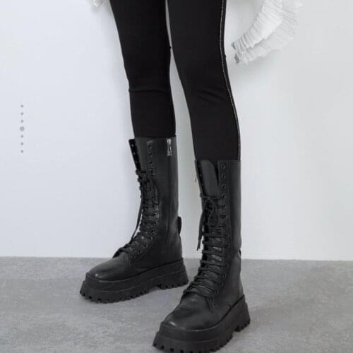Women Combat Boots Antumn 2021 Female High Platform Gothic Shoes Black Leather Boots Lace Up Women Knee High Boots