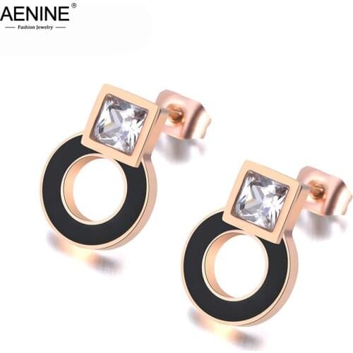 AENINE Stainless Steel Black Acrylic Circle & Square CZ Crystal Earrings For Women Rose Gold Engagement Earrings Jewelry AE19048