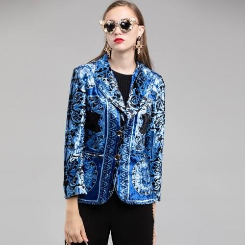 2021 Velvet Jacket Autumn Winter Designer Women Luxury Royal Blue Printed Slim Long Sleeve Blazer