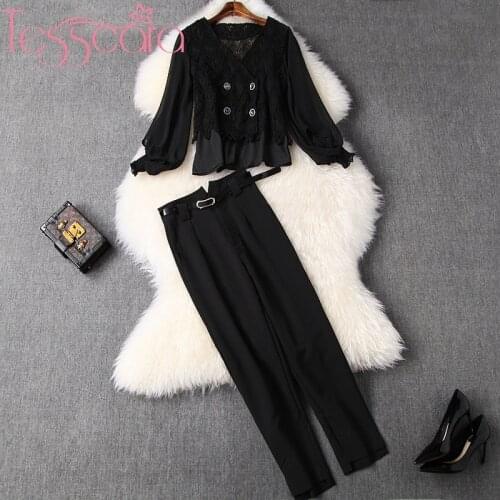TESSCARA Women Runway Designer Elegant Pant Suit Set High Quality Office Cocktail Party Two-piece Suits Black Lace Top Pant Sets