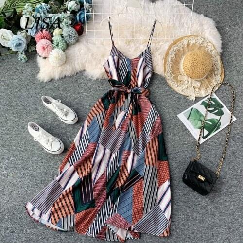 New Women Vintage Dress Summer Sexy V Neck Spaghetti Strao Chiffon Dresses Ladies Casual Beach Boho Bandage Long Robe Vestidos