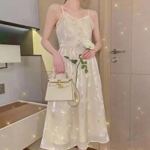 2021 Summer Folral Dress Women Sequin Elegant Sweet Cute Strap Prty Midi Dress Female Sexy Gentle Casual Beach Korean Dress New