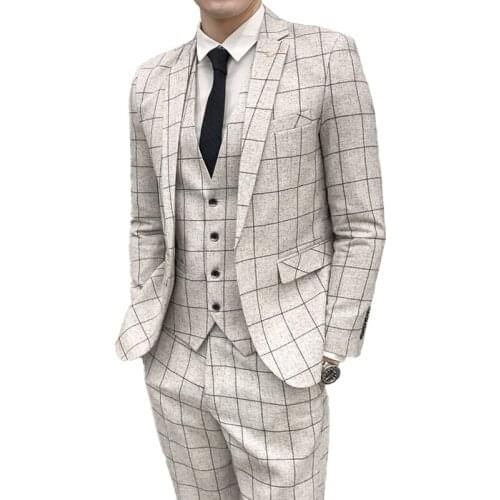 2021 Jacket + Vest + Pants Mens Fashion Boutique Plaid Formal Business Suit Slim Stripe Wedding Blazers Coat Trousers Waistcoat