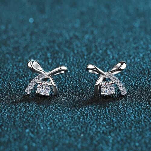 BOEYCJR Lovely Bow 925 Silver 0.1ct D color Moissanite VVS Fine Jewelry Diamond Stud Earring for Women Gift