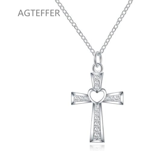 AGTEFFER 925 Sterling Silver 18 Inch Chain Cross AAA Zircon Heart Necklace For Women Fashion Wedding Party Charm Jewelry