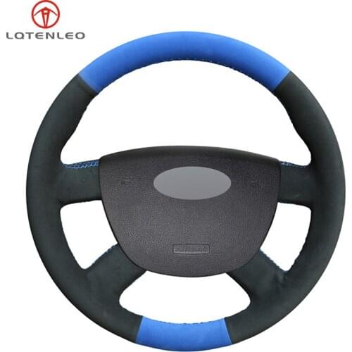 LQTENLEO Black Suede Blue Suede DIY Car Steering Wheel Cover For Ford Grand C-MAX 2011-2014 Transit 2010-2013 Focus 2 2005-2011