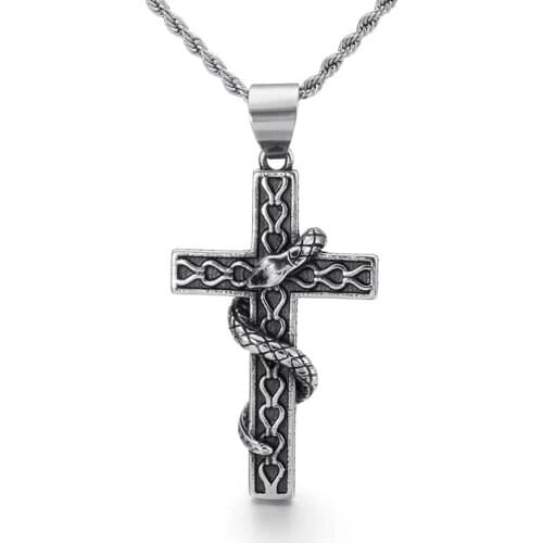 European and American religious creative snake wrapped cross pendant mens