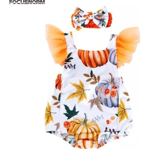 FOCUSNORM Halloween 0-24M Infant Baby Girls Bodysuits Pumpkin Print Ruffles Sleeve Jumpsuits Outfits