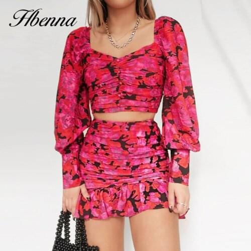 Hbenna Elegant Sets Women Long Sleeve Ctop Top with Mini Skirts Fashion Summer 2021 Women Red Floral Print Outfit Skirts Sets