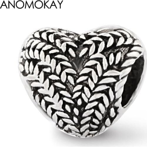 Anomokay Classic Wheat Ears Heart Charms fit Bracelets Bangles Silver Color Love Heart Beads for Women Lovers Gift 2 Pcs/Lot