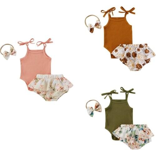 Infant Newborn Baby Girls 3 Pcs Outfits Suits, Sling Sleeveless Ribbed Romper Tops + Floral Printed Shorts + Headband Sets 0-18M